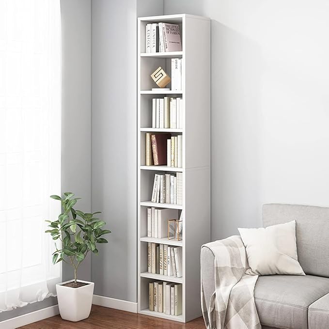 IOTXY Small Narrow Corner Bookcase - 71 Inches Tall Gap Freestanding Storage Cabinet, 8 Lattices Open Shelves Tower Rack, Cubes Bookshelf in White