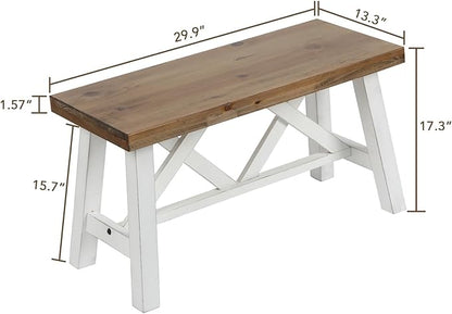 Wnutrees 30" Farmhouse Wood Bench, Rustic Solid Wood Entryway Bench Seat with Double X-Structure for Dining Room, Living Room, Hallway, Structural Stability, White