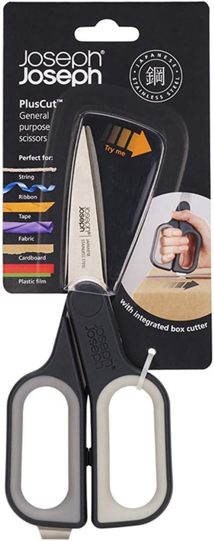 Joseph Joseph PlusCut All Purpose Kitchen Scissors with Integrated Box Cutter, Japanese Stainless-Steel Blades, Soft-Grip Handles