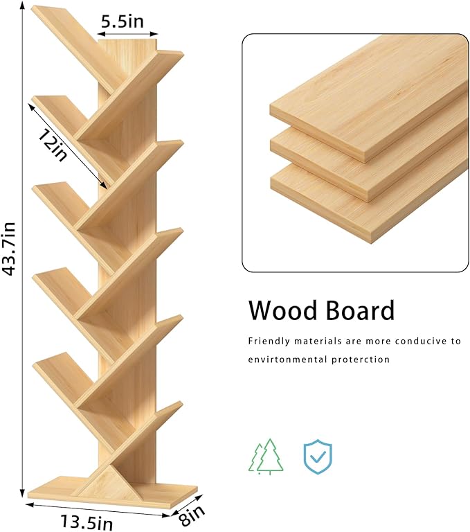 10 Tier Tree Book Shelf, Floor Standing Wood Bookshelf for Narrow Space, Storage Organizer Bookshelves for Books/CDs/Magazine, Bookcase with Shelves for Home Office, Living Room - Natural