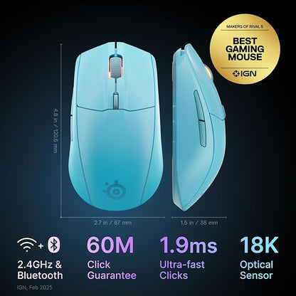 SteelSeries Rival 3 Wireless Gen 2 Gaming Mouse — 2.4GHz and Bluetooth — 18000 DPI TrueMove Air Optical Sensor — 60 Million Click Durability — Light-Weight — 100% PTFE Feet — Aqua