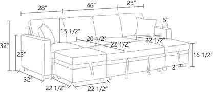 102 Inch L Shaped Sectional Couch with Pull Out Bed, 6-Seat Sleeper Sofa with Storage Ottoman, Convertible Sofa Bed for Living Room, Apartment, Off White