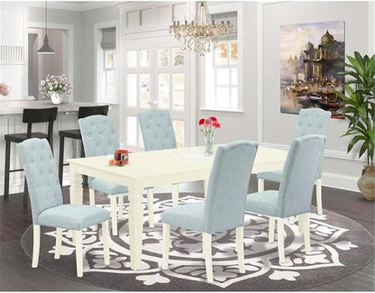 East West Furniture LGCE7-LWH-15 7 Piece Modern Dining Table Set Consist of a Rectangle Wooden Table with Butterfly Leaf and 6 Baby Blue Linen Fabric Parson Chairs, 42x84 Inch, Linen White
