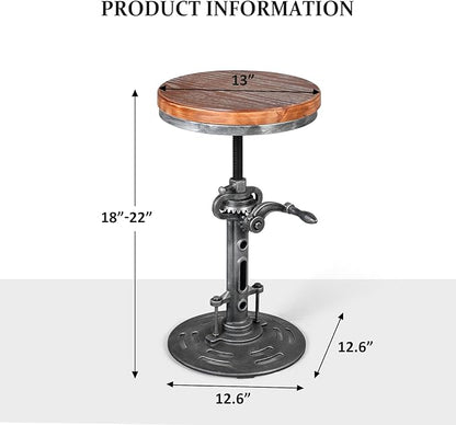 LOKKHAN American Antique Steampunk Deco Vintage Industrial Bar Cafe Stool, Retro Stylish Cast Iron Base Swivel Round Wood Top, Easily Adjusts by Crank Handle