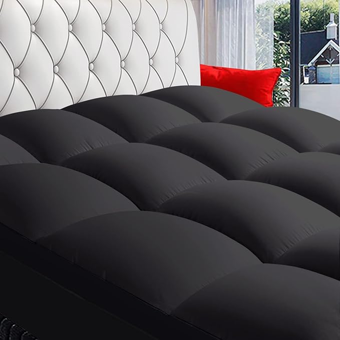 COONP Queen Mattress Topper, Extra Thick Pillowtop, Cooling Plush Mattress Pad Cover Bed Topper Protector with 8-21 Inch Deep Pocket (Black, Queen)