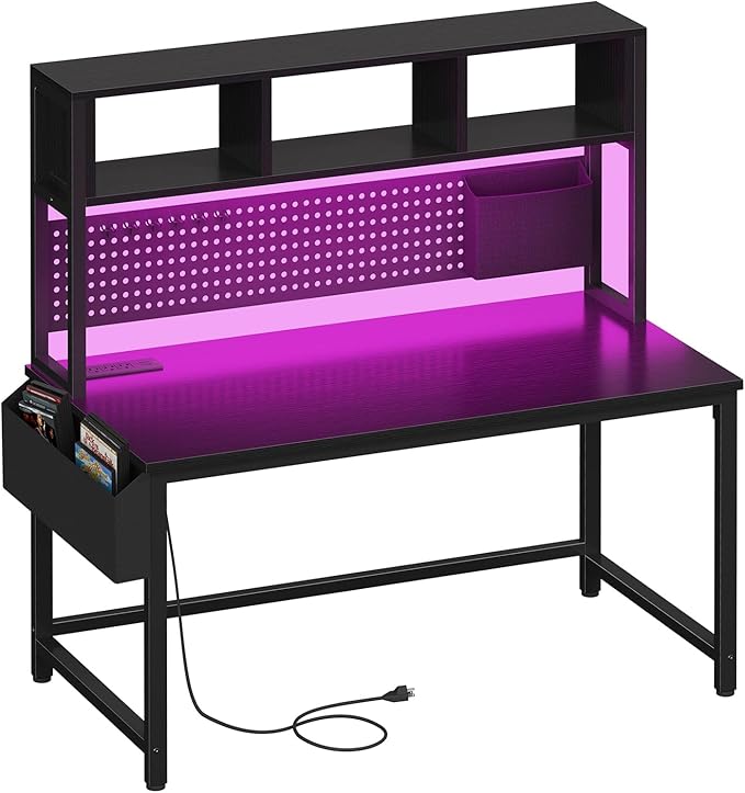 Black Gaming Desk with Hutch and Pegboard - 47 Inch Gaming Desk with Shelves Storage Power Outlets, Computer Teen Work Study Writing Desks for Bedroom Home Office