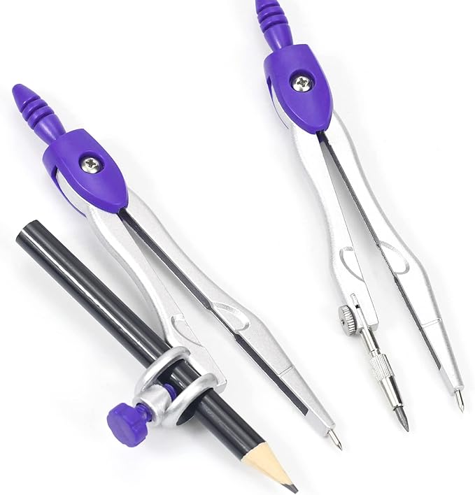 10 Pieces Math Geometry Kit Set Student Supplies with Shatterproof Storage Box,Includes Rulers,Protractor,Compass,Eraser,Pencil Sharpener,Lead Refills,Pencil,for School and Drawings（Purple）