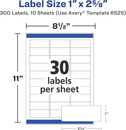 Avery Address Labels, Sure Feed and Easy Peel Technology, Glossy White Labels, 1" x 2-5/8", Permanent Adhesive, Laser/Inkjet, 300 Total (6525)