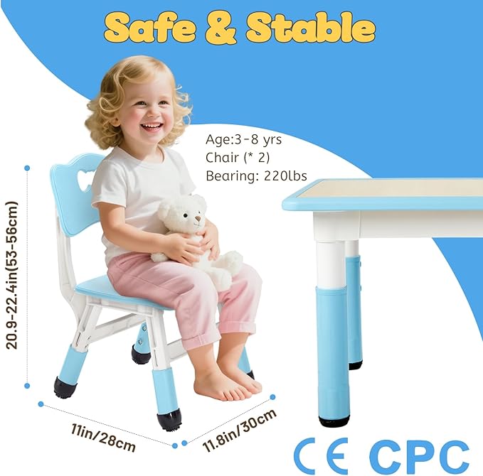 FUNLIO Adjustable Kids Chair (2pcs), 3 Level Height Adjustable Toddler Chair for Ages 3-8, Sturdy Child Chair with Maximum Bearing 220lbs, for Classrooms/Daycares/Homes, CPC & CE Approved - Blue