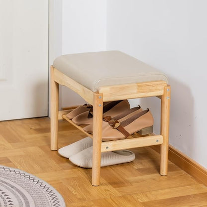 latifolia Small Shoe Bench, Solid Wood Bench with Cushion, 2 Tier Shoe Storage Organizer for Entryway(Nature,17.71''L)
