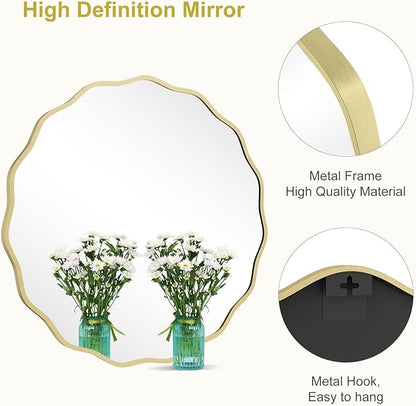 WallBeyond Round Wavy Mirror for Wall Decorative 32 inch, Modern Round Mirror Aluminum Frame for Bathroom Bedroom Living Room Home House Office Entryway, Gold