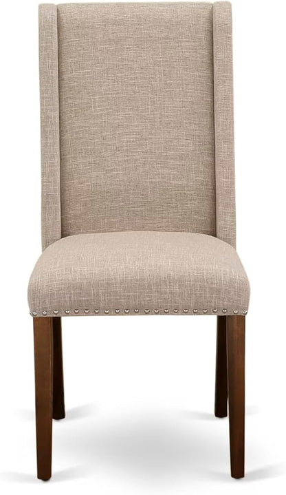 NKFL7-AWA-04-7-Piece Dining Table Set Consists of a Breakfast Table and 6 Light Tan Linen Fabric Dining Chairs with Padded Chair Back - Antique Walnut Finish.
