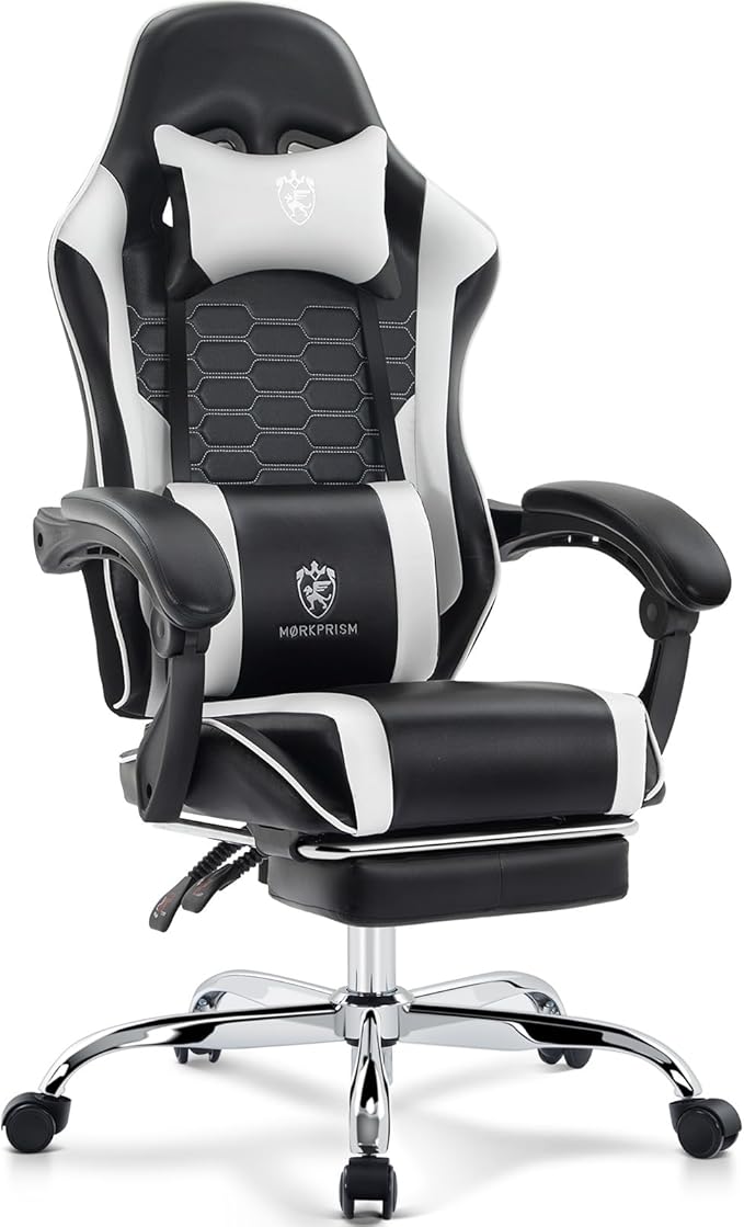 Gaming Chair,Computer Office Chair with Footrest,Massage Lumbar Support and Gel Pad,Ergonomic Reclining Adjustable Leather Gamer Chair with Headrest and Spring Cushion Black White