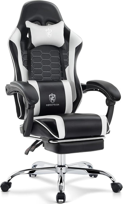 Gaming Chair,Computer Office Chair with Footrest,Massage Lumbar Support and Gel Pad,Ergonomic Reclining Adjustable Leather Gamer Chair with Headrest and Spring Cushion Black White