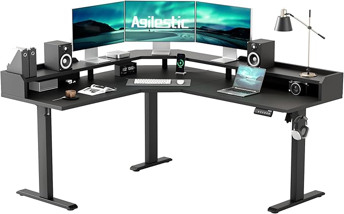 Agilestic L Shaped Standing Desk, Adjustable Height Corner Gaming Desk with Shelf, Sit Stand Up Desk, 63 x 55 Inch Home Office Computer Table, Black