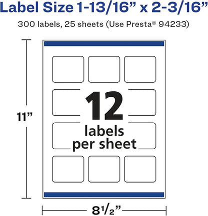 Avery Glossy White Rectangle Labels, Sure Feed Technology, 1-13/16" x 2-3/16", 300 Glossy White Labels, Print-to-The-Edge, Permanent Adhesive, Laser/Inkjet Printable