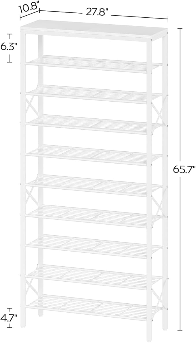 10 Tier Shoe Rack, Large Capacity Shoe Storage Organizer Holds 40 Pairs, Sturdy and Stable, for Entryway, Hallway, Closet, Dorm Room, White SS10WW