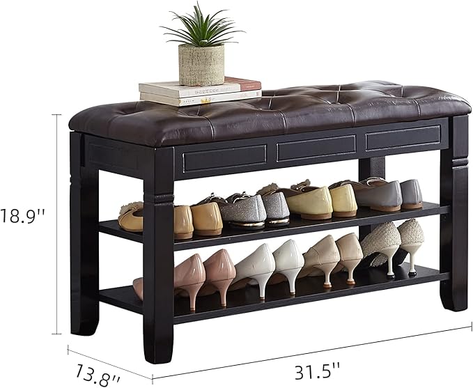 Shoe Storage Bench, Entryway Shoe Rack with Fiberleather Seat 2-Tier Lift Top Organizer Wooden Shoe Bench for Entryway Hallway Living Room (Black 31.5x13.8x18.9'')