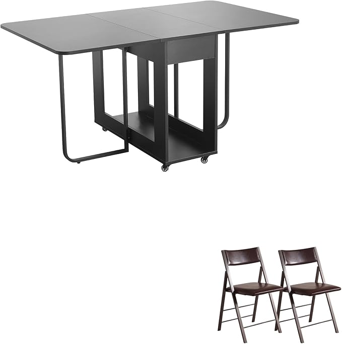 Folding table and chair set, dining table with extra large storage space and 4 universal wheels, matched with padded steel frame folding chairs, space-saving dining table and 2 chairs (Brown)