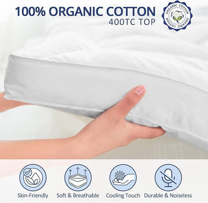 ELEMUSE 1300 GSM Overfilled Mattress Topper Queen with Baffle Box Design,Extra Thick Cooling Pillow Top Pad, 400TC Cotton Cover, Plush & Support Snow Down Alternative, White
