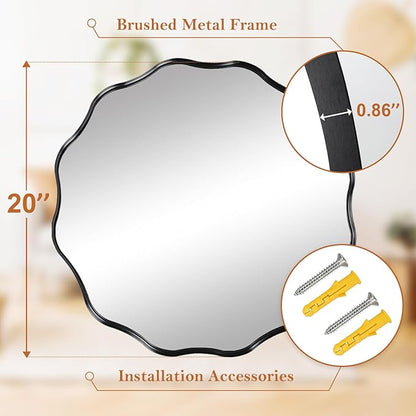 Fabuady Black Round Wavy Edge Mirror - 20'' Circle Wall Mirror with Metal Frame, Decorative Hanging/Leaning Mirrors for Bathroom, Bedroom, Living Room, Hallway, Entryway, Office, Home Decor