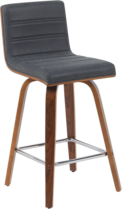 Armen Living Vienna Modern Swivel 26" Counter Height Barstool with Vintage Black Faux Leather and Walnut Wood Finish