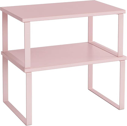 SONGMICS Cabinet Organizer Shelf, Set of 2 Kitchen Counter Shelves, Kitchen Storage, Spice Rack, Stackable, Expandable, Metal and Engineered Wood, Jelly Pink UKCS020S01