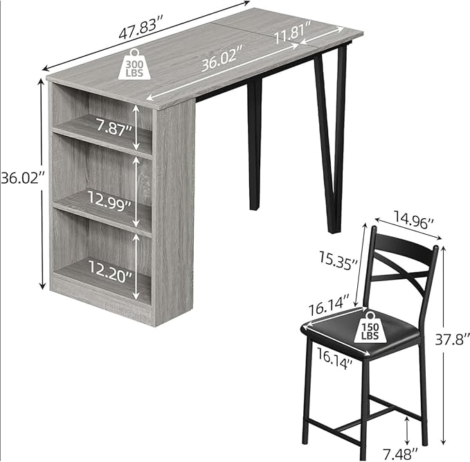 GAOMON 3 Piece Bar Table Set for 2, Bar Table and Chairs Set with with Flip Top Extension, Dining Table Set with Storage Shelves, Suitable for Small Space Kitchen Apartment, Grey