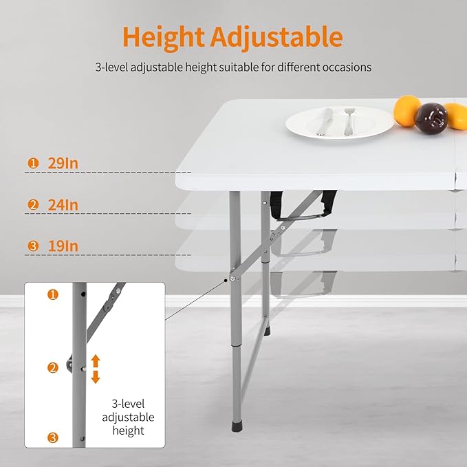 BestOffice Camping Folding 4 Foot Plastic Table, White