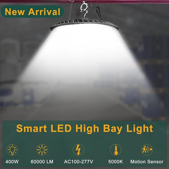 400W High Bay LED Lights with Motion Sensor, 60000LM Smart High Bay Shop Light, 𝐀𝐂𝟏𝟎𝟎-𝟐𝟕𝟕𝐕 UFO Commercial Lighting for Warehouse/Barn -4Pack