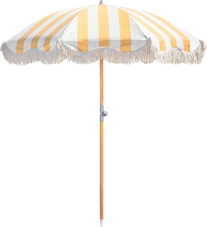 6.5ft Boho Beach Umbrella with Fringe, UPF 50+ Tassel Umbrellas with Carry Bag, Premium Wood Pole Foldable Patio Umbrella for Outdoor Holiday Garden Lawn Pool Yard Table