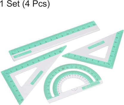 HARFINGTON 4pcs Geometry Set 15cm Metric Measure Ink Printing Aluminum Ruler Metal Ruler Set Triangle Protractor Ruler Tool Set for Classroom, Office, Home, Light Green