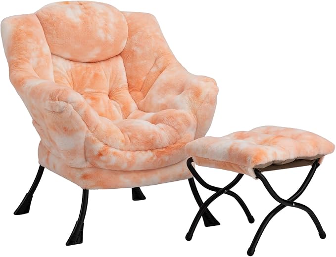 HollyHOME Faux-Fur Lazy Chair with Foldable Ottoman, Accent Comfy Lounge Arm Chair and Folding Footrest Stool Set, Leisure Sofa Reading Chair and Footstool for Living Room, Bedroom, Orange&White
