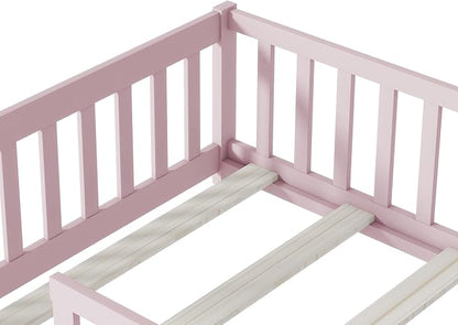 Bellemave Twin Floor Bed with Slats and Safety Guardrails, Kids Montessori Floor Beds with Fence and Without Door, Easy Assemble Floor Bed for Kids, Girls, Boys, Pink