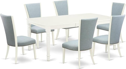 East West Furniture DOVE7-LWH-15 7 Piece Dinette Set Consist of a Rectangle Dining Room Table with Butterfly Leaf and 6 Baby Blue Linen Fabric Parson Dining Chairs, 42x78 Inch, Linen White