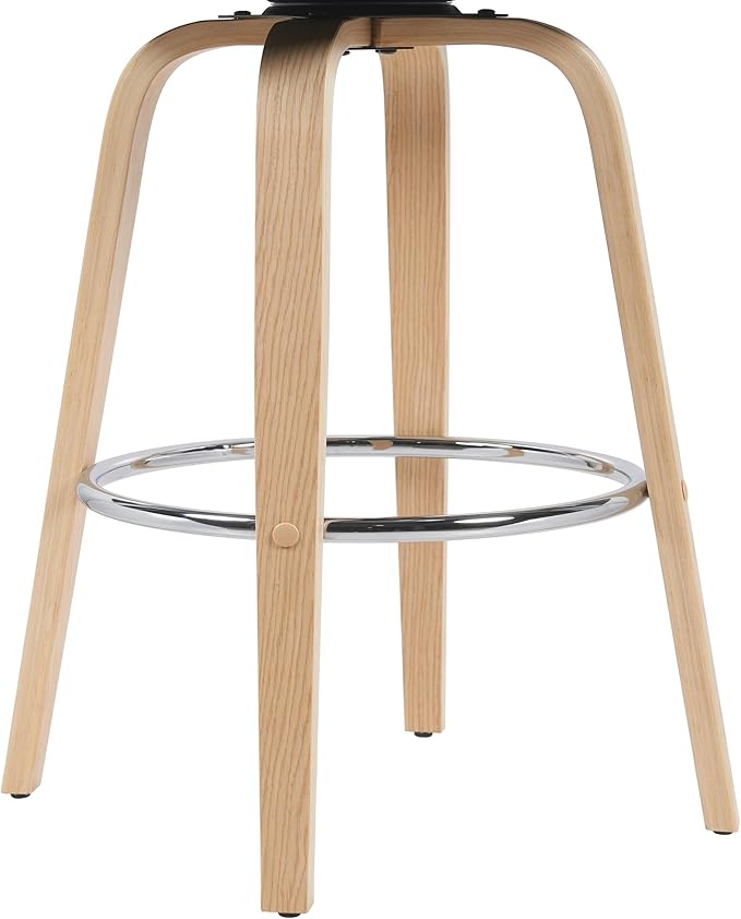 Sonia Modern Swivel Bar Height Stool with Black Upholstered Seat and Patterned Oak Wood Finish Set of 3