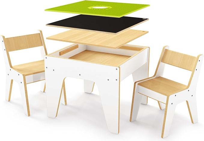 wingyz 4-in-1 Toddler Table and Chairs Set, Kids Play Tables with Storage, Wooden Sensory Tables with Dual-Sided Blocking Baseplate, Baby Activity Table with Chalkboard