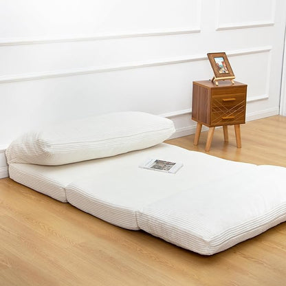 N&V Folding Matress Sofa Bean Bag Bed, Foam Filling Folding Matress Sofa, Includes Removable and Machine Washable Cover, Soft Premium Corduroy (Medium, Ivory)