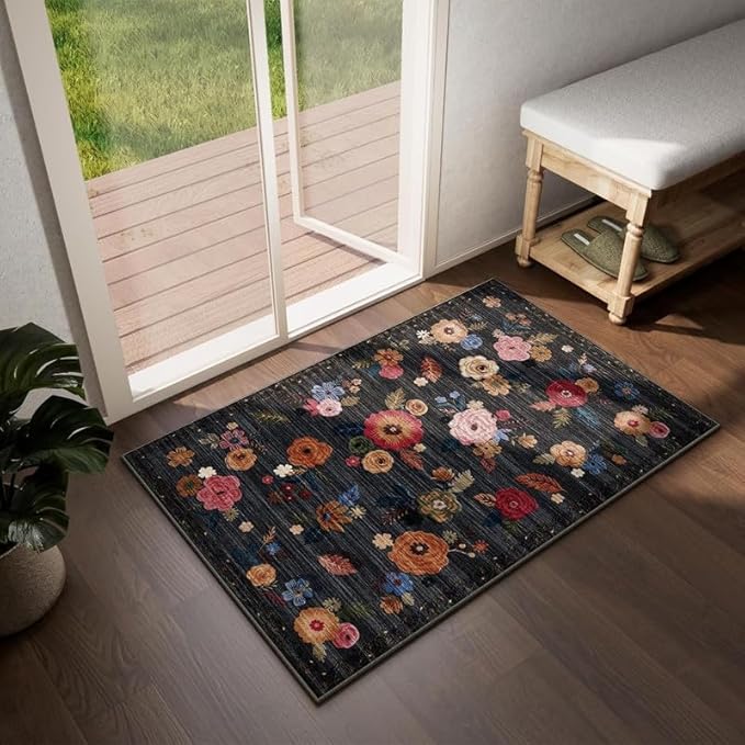 Washable Small Entryway Area Rugs: 2'x3' Floral Rug Non Slip Door Mat Indoor Entrance Stain Resistance Low Pile Throw Rugs for Inside Front Door Floor Bedroom Bedside Kitchen Nursery Kids Room Entry