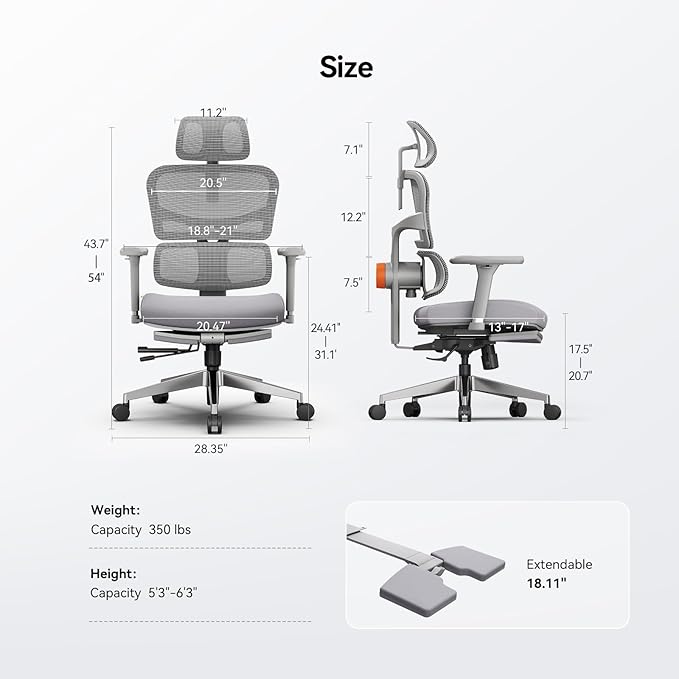 Newtral Ergonomic Office Chair - Home Office Desk Chair, Big and Tall Office Chair, Auto-Following Lumbar Support, 4D Armrest, Adjustable Seat Depth and Heigt (with Footrest, Gray)