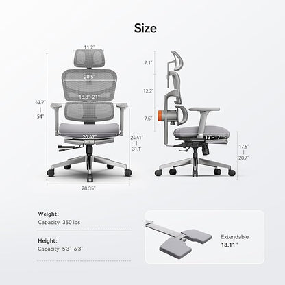 Newtral Ergonomic Office Chair - Home Office Desk Chair, Big and Tall Office Chair, Auto-Following Lumbar Support, 4D Armrest, Adjustable Seat Depth and Heigt (with Footrest, Gray)