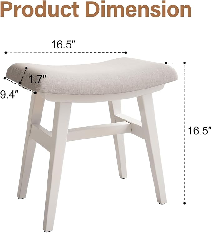 Solid Wood Small Vanity Stool, Compact Makeup Chair with Saddle Cushion, Linen-Covered High Rebound Sponge Seat, Easy Assembly Footstool for Bedroom, Entryway, Home, White