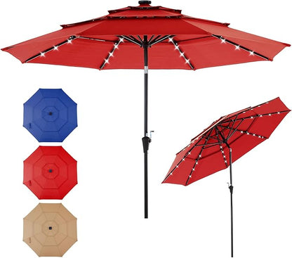 DUMOS 10FT 3-Tier Outdoor Patio Umbrella with 32 LED Lights & Crank, 8 Sturdy Ribs Table Umbrella for Pool, Market, Terrace, Beach and Outdoor Restaurant, Scarlet