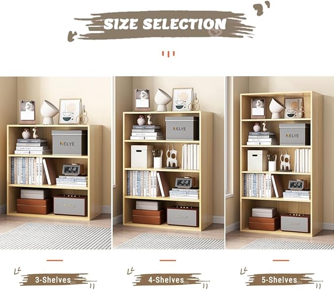 Basic Open Shelf Bookcase - 3-Tier Wooden Cube Storage Shelves Split Bookshelf, Oak
