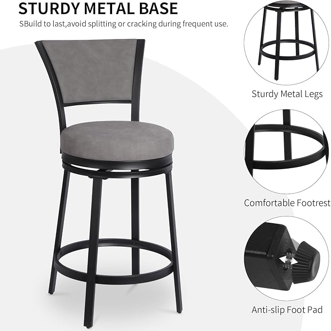 Bar Stools, Modern Counter Height Barstools Set of 2, 25" Faux Leather Round Swivel Bar Stools with Backrest, Upholstered Metal Bar Chairs for Kitchen Island, Kitchen Counter, Pub, Grey