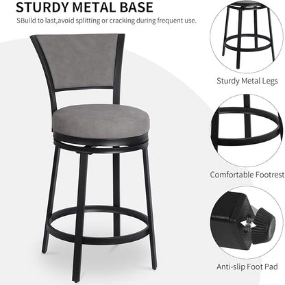 Bar Stools, Modern Counter Height Barstools Set of 2, 25" Faux Leather Round Swivel Bar Stools with Backrest, Upholstered Metal Bar Chairs for Kitchen Island, Kitchen Counter, Pub, Grey