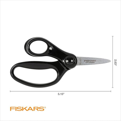 Fiskars 5" Left-Handed Pointed-Tip Scissors for Kids Ages 4-7, Scissors for School or Crafting, Back to School Supplies, Black