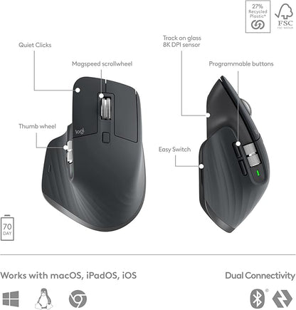 Logitech MX Keys S Combo - Performance Wireless Keyboard and Mouse with Palm Rest, Customizable Illumination, Fast Scrolling, Bluetooth, USB C, for Windows, Linux, Chrome, Mac,Color Graphite.