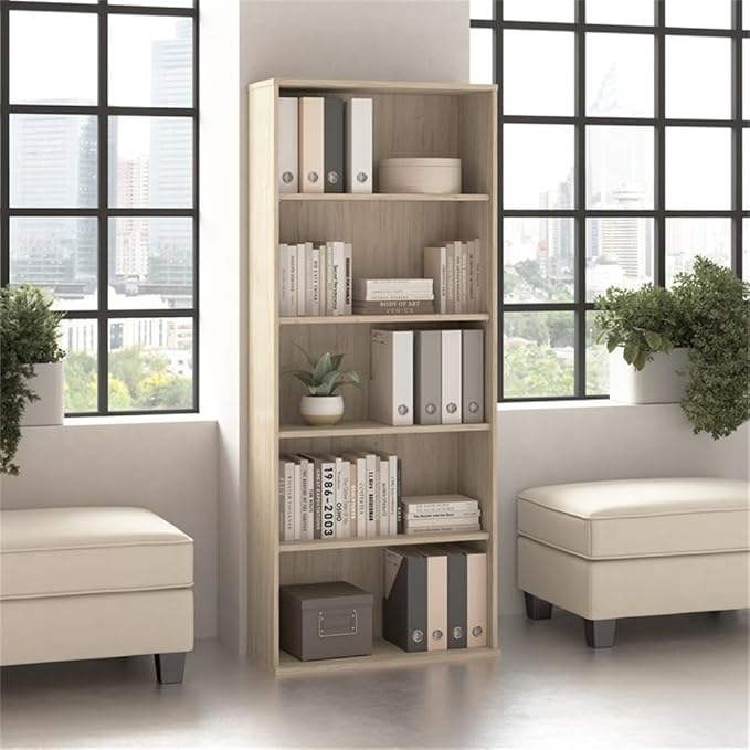 Bush Business Furniture Hustle Tall 5 Shelf Bookcase in Natural Elm, Large Freestanding Bookshelf for Home Office and Professional Workspace