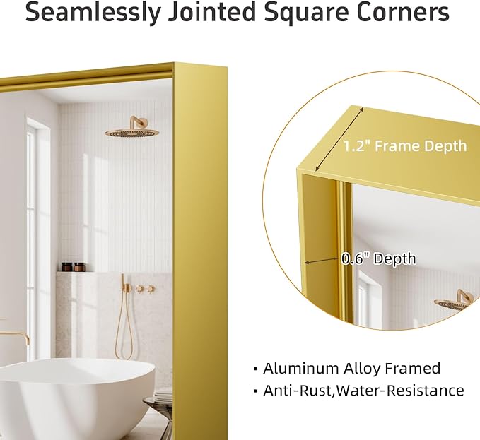 55x30 Inch Gold Bathroom Mirrors for Over Sink, Aluminum Metal Framed Mirror, Large Mirror,Wall-Mounted Rectangle Mirrors, Tempered Glass, High Definition, Horizontal/Vertical